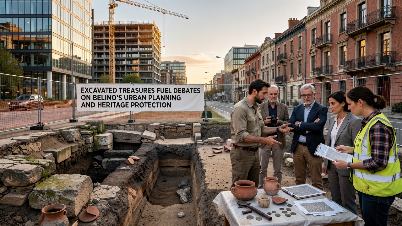 Heritage experts examining artifacts from Belino excavation while discussing preservation strategies with urban planners